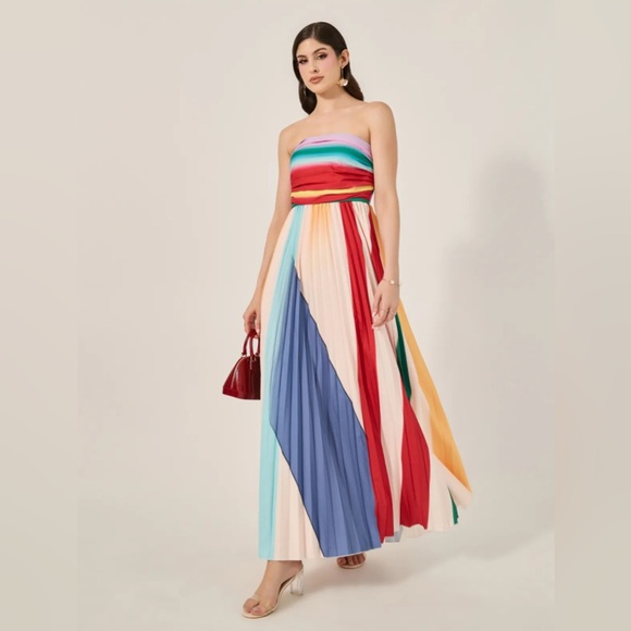 Color Block Pleated Stripe Strapless Bandeau A-Line Maxi Dress Women’s Size L - Picture 1 of 14